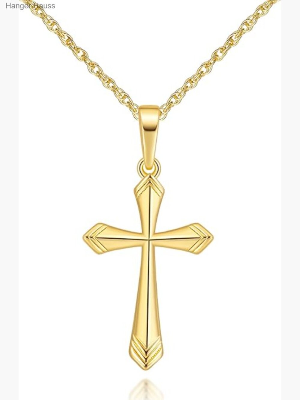 14K Gold Cross Pendant Necklace with V-Pattern Chain